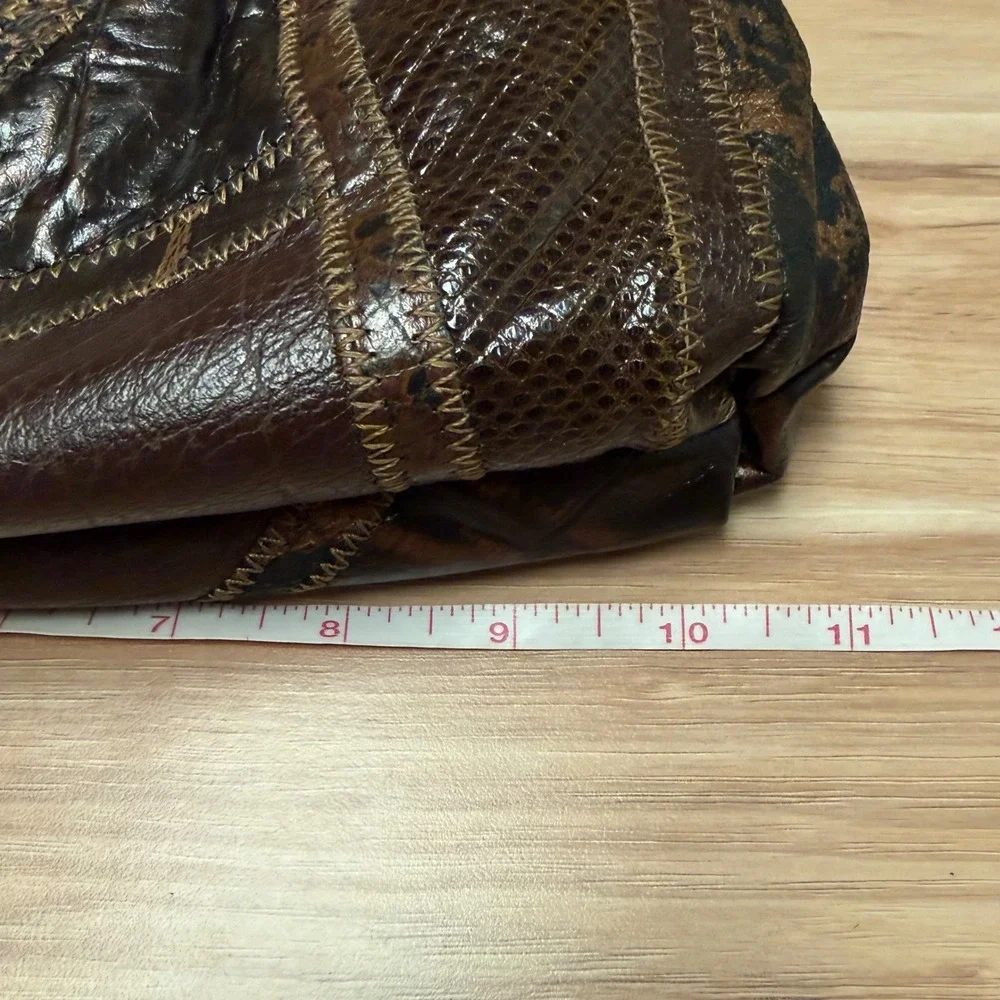 Vintage Brown Patchwork Leather Exotic Embossed Frame Shoulder Bag Bronze 11x7
